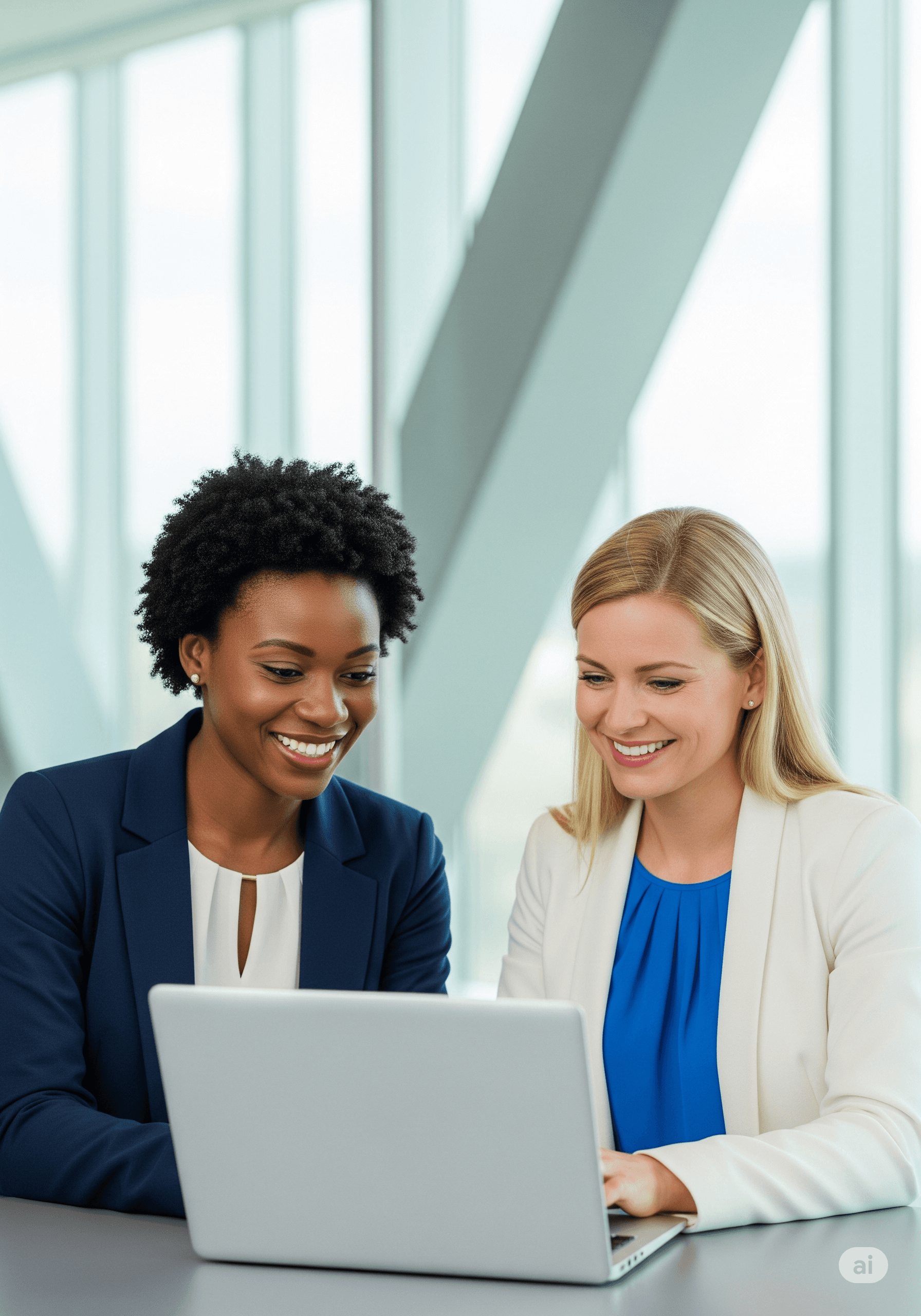 Two professional women collaborating on a laptop in a modern office setting
